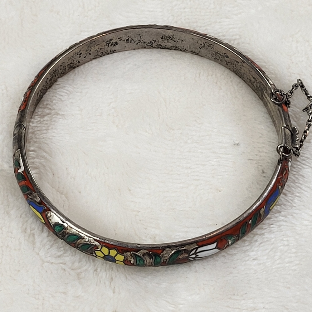 Vintage Thai Floral Cloisonne Cobalt Hinged Silver Bangle Bracelet